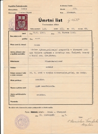 Úmrtní list Václava Ajšmana, otce pamětnice, popraveného za ukrývání odbojáře Václava Morávka
