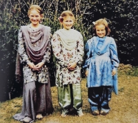Zuzka Polesny Eggena and sisters Magda Polesny Schay and Anna VA Polesny in traditional dress, Peshawar, Pakistan, 1951