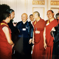 Josef Mádl (in black) meeting with the Dalai Lama at the Forum 2000, photo 2002