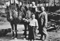Jaromír Procházka (na koni) s otcem (drží koně), Neškaredice, 1939