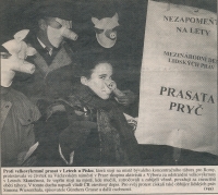 Newspaper clipping, demonstration for the removal of the pig farm from the site of the former concentration camp at Lety u Písku, Gwendolyn Albert in the photo