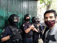 Artak participates in a protest against the demolition of Yukhym Fesenko's printing house. Odesa, June 2021