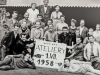 With the workers of the Ateliers Borské sklo (Borské Glass) in 1957, the witness in the second row from the right.