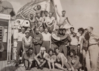 Czechoslovak Olympic team returning home with Soviet athletes on a boat, 1956