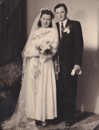 Marie Dvořáková (newlywed Šteflová's) and her first husband František Štefl's wedding photo, 1949
