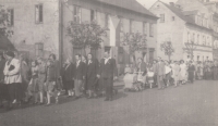 May Day parade in Stará Role. Hana in the front centre among three girls, 1952