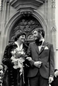 Wedding photo with her husband Karel Plavec, Prague Vyšehrad, 3 February 1979
