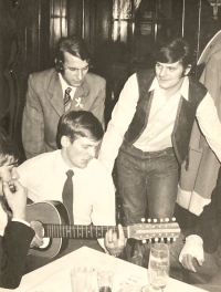 Vratislav Špaček (with guitar) during wedding, 1970s