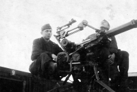 Alan Kubica's father at a German army anti-aircraft machine gun in Ostrava, probably 1944 or 1945