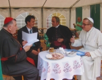 Jáchym Jaroslav Šimek as Abbot of Želiv Monastery (right), Cardinal Dominik Duka on the left