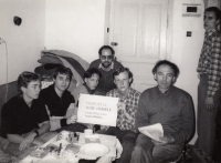 Vojtěch Pokorný (centre) at a meeting in the flat of political prisoner Jiří Wolf, October 1989