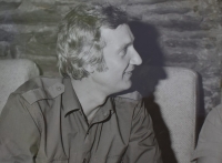 Jiří Bušek after the exhibition, sitting in the museum cellar