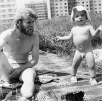 Jaroslav Obročník with his son David in Jičín, circa 1975