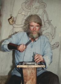 Jaroslav Obročník in his family company's booth at a Viking-themed fair in Sweden, circa 2002