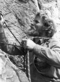 Jaroslav Obročník on the cliffs in the Bohemian Paradise, circa 1980
