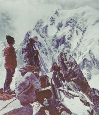 Climbers in the Alps: Karel Schubert, Ivan Exnar, and Jaroslav Obročník sitting, likely 1971. Ivan Exnar emigrated in 1968 and came to the Alps to see his friends