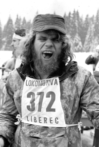 Jaroslav Obročník during the first edition of the Jizerská 50 cross-country skiing race in 1968; the race was held as the climbers' winter practice for the season