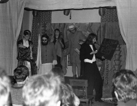 Theater play Mowgli at the College of Agriculture in Brno. From left: R. Goldmann, V. Burian, I. Vrbková, T. Tichák, L. Šenkyřík, 1981
