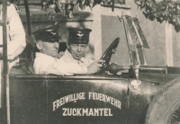 Great-grandfather Emil Rauscher behind the wheel of a volunteer fire brigade vehicle in Teplice-Zuckmantel
