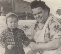 Little Jana with grandmother Maria Bendelová, Hřebečná, winter 1954