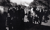 Holub family (forefront), 1st May festivities, 1950s, Doupov