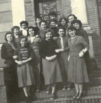 Růžena Haidlová in front of the secondary school building, front row, first from the right, 1955
