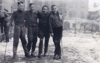 Ladislav Drahoš (first from right) with friends on Švermova Street (now Sladkovského Street) in Pardubice, 1958