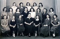 Sewing course in Opava - second from the right in the top row is Marie Volovská, 1946
