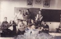 Band during studies at secondary technical school, Tadeusz Wilk on the bottom right with guitar