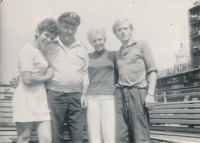 Aboard the Odra, left to right: sister Věra, the captain, Marie Bílková, boatman