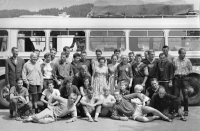 The national team of water slalom racers on their way to competitions abroad in the mid-1960s