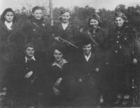 The female members of the Jan Žižka brigade in 1944 (from left): Anna Koláčková, Marie Bartošová( Králová), Otýlie Záhorová. Standing from left: Milka Bastagová, Anka Frštegová, Marie Švantková, Růžena Hynková, Františka Vávrová