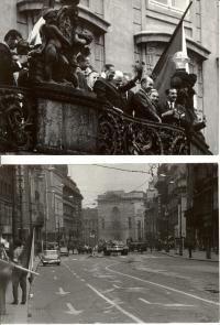 1968, srpen, Tito se Svobodou a Černíkem těsně před okupací a prnví tanky okupantů na Příkopech pár dní poté