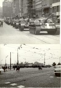 1968, srpen, tanky okupantů v pražských ulicích, nahoře Příkopy, dole kontrolní stanoviště u mostu přes Vltavu