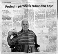 newspaper article about Svatoslav Kalich - the last valiant defender alive