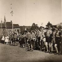 Boy Scout troop on the town square in Slaný, May 1946