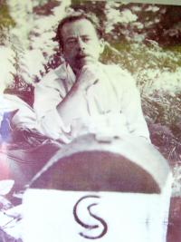 Václav Havel at a boundary stone in the Rychlebské Mountains, where samizdat was being smuggled from Poland