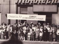 Rudolf Bereza and Tomáš Hradílek on May Day 1987 with the banner "Charter 77 calls for civic courage"