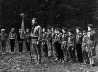 18th Cub Scout pack and their leader Bronislav Malý. Scout camp in Jezírky in 1970.