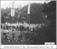 Jičínská vlčata na Jamboree slovanských skautů v roce 1931 nebo v Jičíně na školním hřišti (soukromý archiv Jana Vally); součástí předepsané výbavy účastníků byla jak vidno novinka-kecky