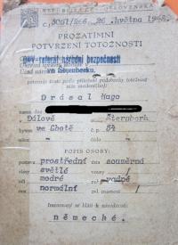 The first identity card Hugo Drásal after the war
