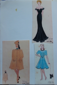 Skici návrhů oděvů, které byly poslány do Anglie v roce 1939