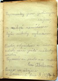 Page from the diary of her friend Eva Abelesová who has not returned