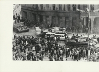 Peace Square at the Town Hall - tanks driving against ambulance cars