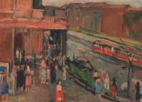 Theatre, 1960, oil painting, 36 x 26 cm; view from the window of the former Hotel Terminus at Smetana Theatre (present-day State Opera Prague), at that time Victorious February Street, Prague