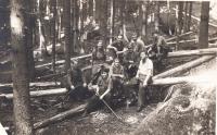Students from DAMU on a work brigade in the forest, 1952 (J.Kolářová,R.Vodrážka,J.Dudek,I.Palec and a forester)