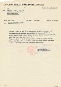 Notification  on the termination of Hana Lobkowiczová’s employment contract, after she and František Lobkowicz did not return back from their holiday trip abroad after the Warsaw Pact invasion of Czechoslovakia in August 1968, issued on 30 September 1968
