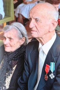Koloman Hamar with his wife, celebrating his 90th birthday, being awarded the Slovak Minister of Defence Medal of III. degree, and the War veteran badge