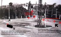 Přibližná poloha českého náklaďáčku, o který se opíral Heydrich po atentátu. Černá tečka nahoře na Kirchmayerově třídě ukazuje místo, kde zhruba stála ordinace Dr. Krauseho. Červené šipky - směr úniku Jana Kubiše a Josefa Gabčika