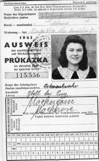 Dagmar Prochazkova, nee Weitzenbauerova as a forced laborer in II. WW, public transport pass 